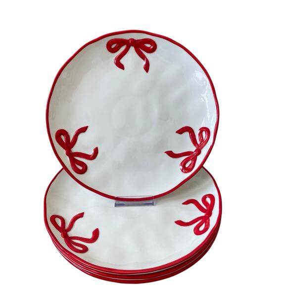 Hand Painted Coquette Red Bow Dinner Plates 10.25in White Ceramic Set of 4 NEW - Picture 1 of 13